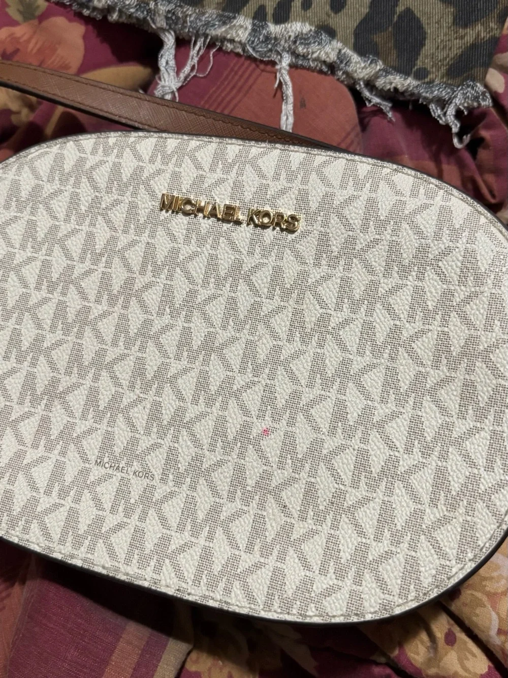 Michael Kors Signature Logo Crossbody in Cream with Brown Trim
